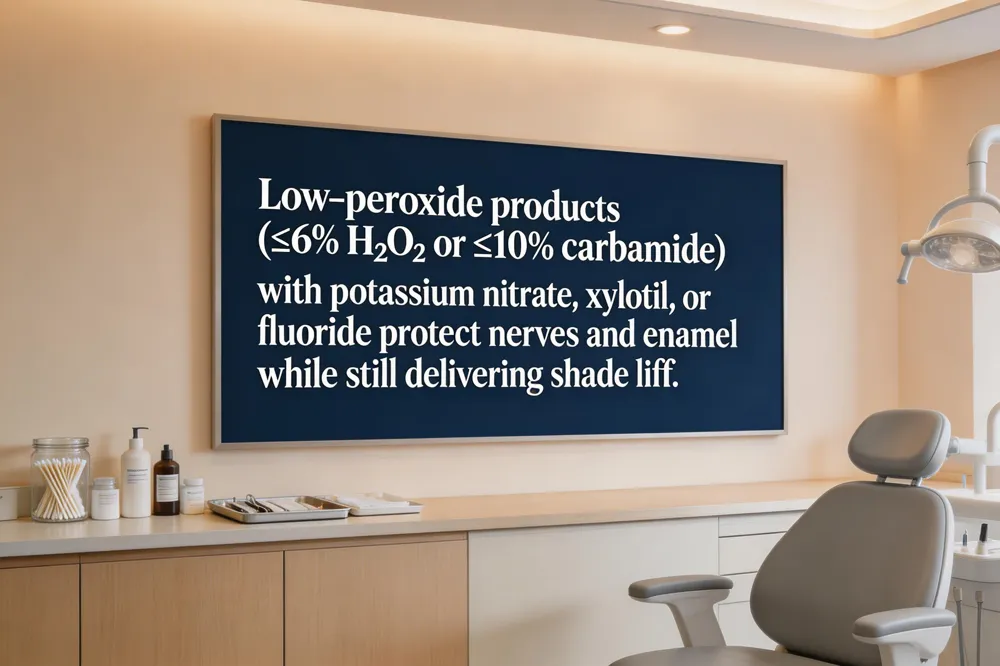 Low‑peroxide products (≤6% H₂O₂ or ≤10% carbamide) with potassium nitrate, xylitol, or fluoride protect nerves and enamel while still delivering shade lift.