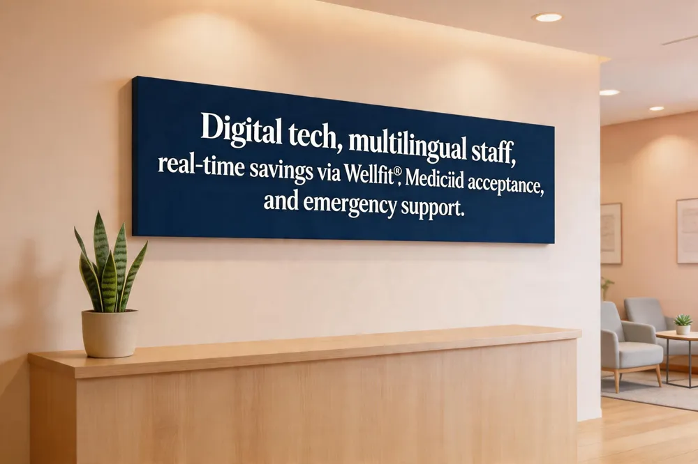 Digital tech, multilingual staff, real‑time savings via Wellfit®, Medicaid acceptance, and emergency support.