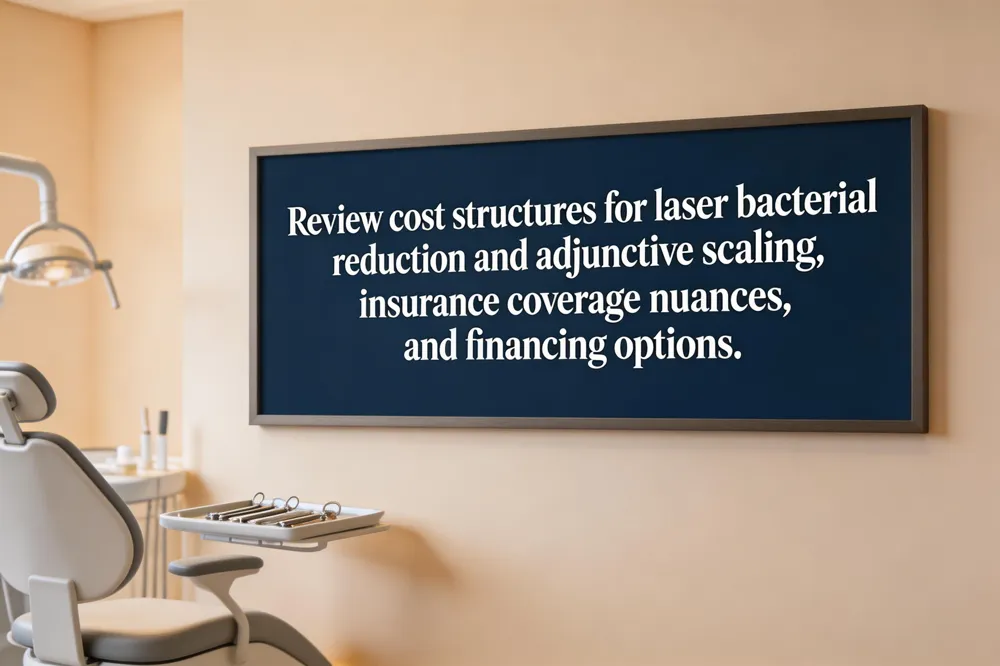 Review cost structures for laser bacterial reduction and adjunctive scaling, insurance coverage nuances, and financing options.