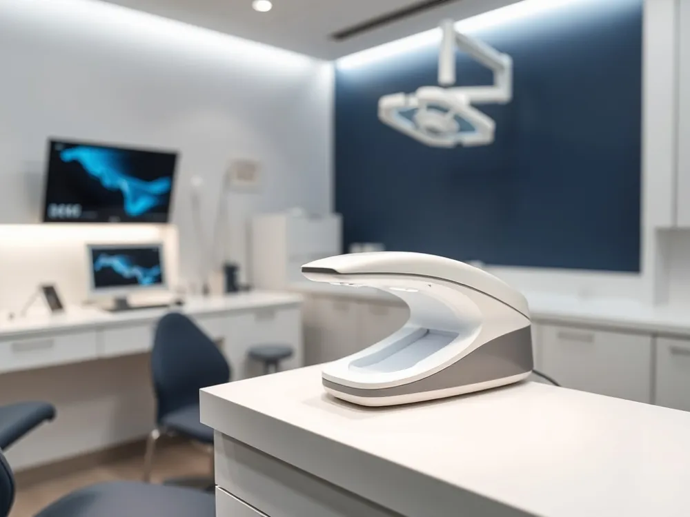 A compact intraoral scanner creates a precise 3D model of your teeth and gums in minutes, replacing messy putty with a faster, more comfortable experience.