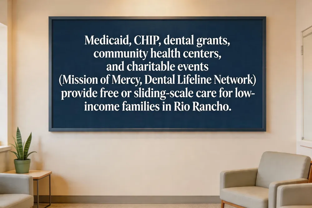 Medicaid, CHIP, dental grants, community health centers, and charitable events (Mission of Mercy, Dental Lifeline Network) provide free or sliding‑scale care for low‑income families in Rio Rancho.