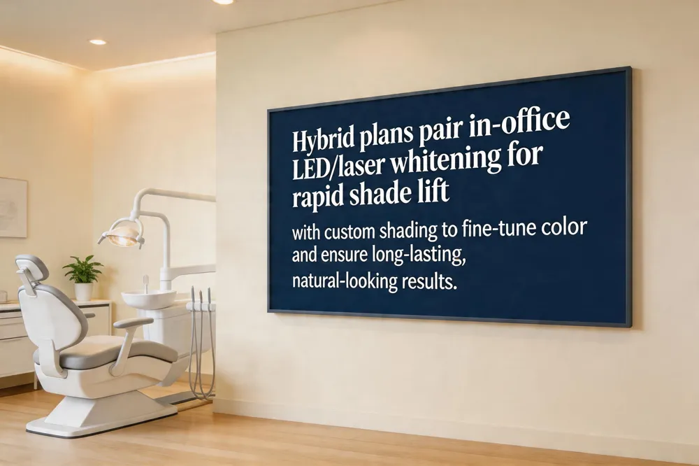 Hybrid plans pair in‑office LED/laser whitening for rapid shade lift with custom shading to fine‑tune color and ensure long‑lasting, natural‑looking results.