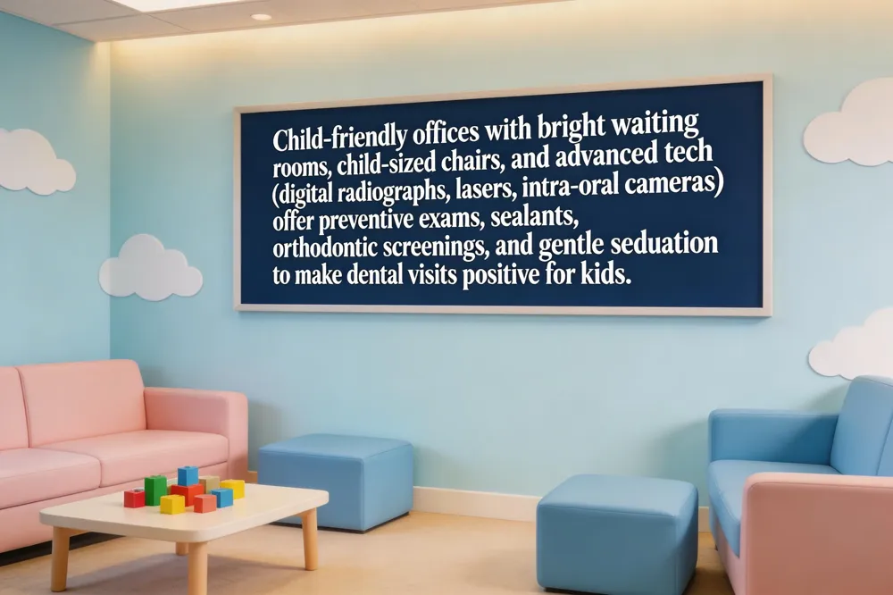Child‑friendly offices with bright waiting rooms, child‑sized chairs, and advanced tech (digital radiographs, lasers, intra‑oral cameras) offer preventive exams, sealants, orthodontic screenings, and gentle sedation to make dental visits positive for kids.