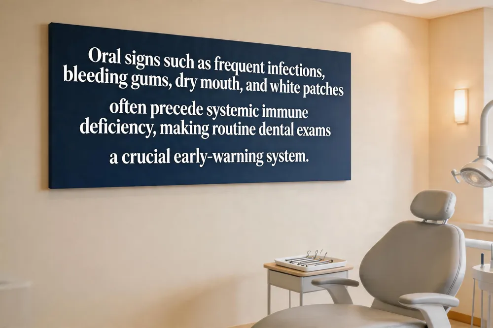 Oral signs such as frequent infections, bleeding gums, dry mouth, and white patches often precede systemic immune deficiency, making routine dental exams a crucial early‑warning system.