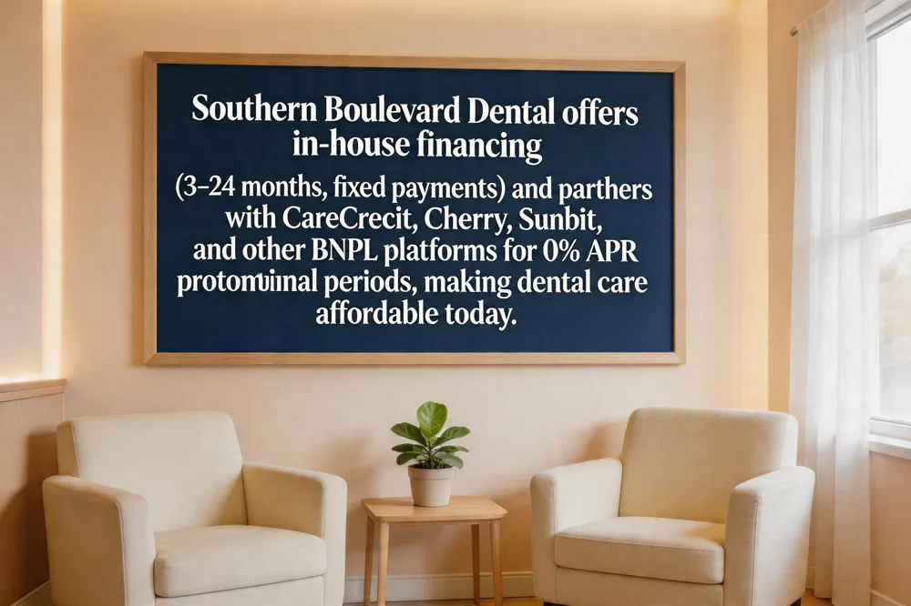 Southern Boulevard Dental offers in‑house financing (3‑24 months, fixed payments) and partners with CareCredit, Cherry, Sunbit, and other BNPL platforms for 0% APR promotional periods, making dental care affordable today.