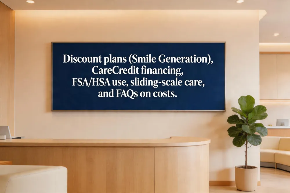 Discount plans (Smile Generation), CareCredit financing, FSA/HSA use, sliding‑scale care, and FAQs on costs.