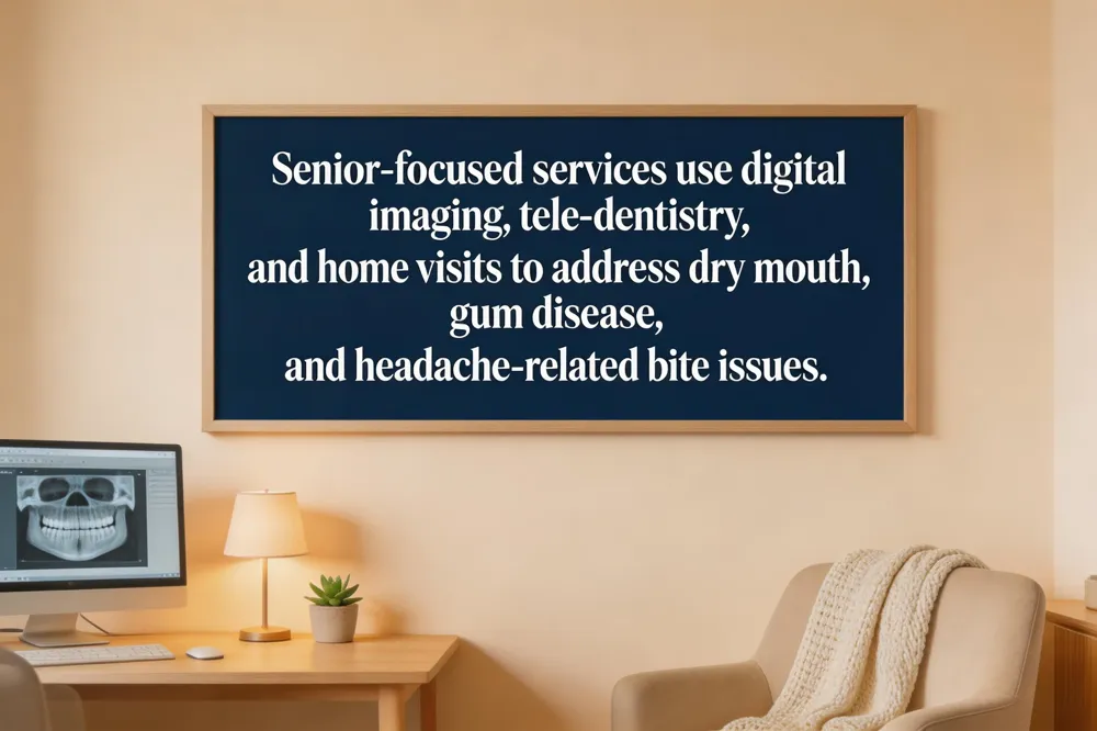 Senior‑focused services use digital imaging, tele‑dentistry, and home visits to address dry mouth, gum disease, and headache‑related bite issues.