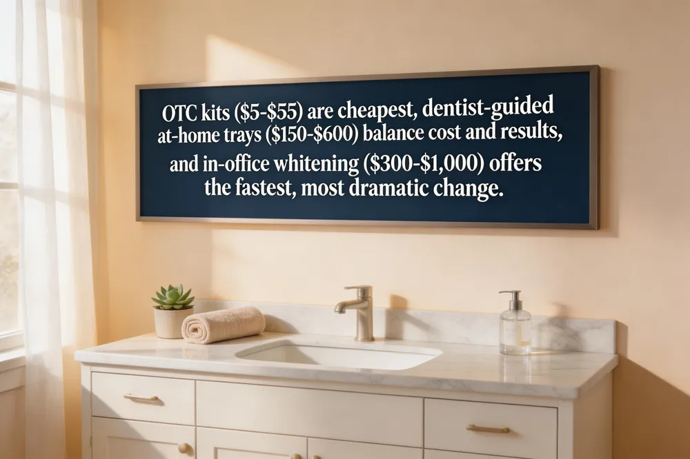 OTC kits ($5‑$55) are cheapest, dentist‑guided at‑home trays ($150‑$600) balance cost and results, and in‑office whitening ($300‑$1,000) offers the fastest, most dramatic change.