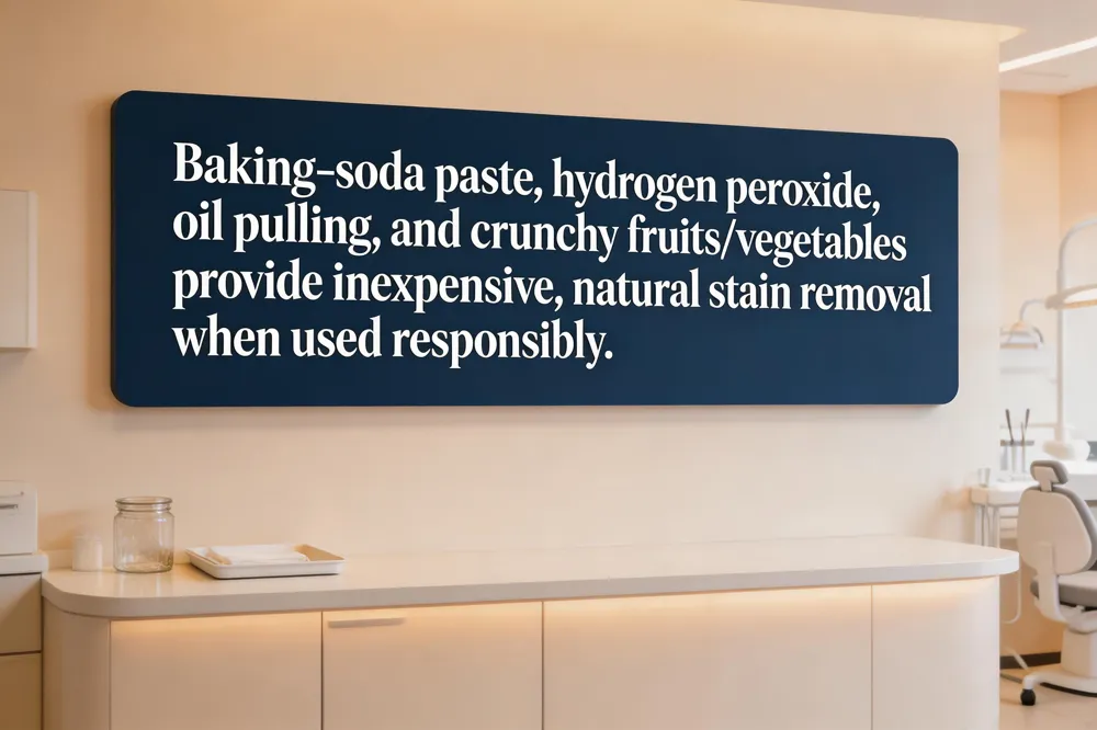 Baking‑soda paste, hydrogen peroxideper peroxide oil pulling, and crunchy fruits/vegetables provide inexpensive, natural stain removal when used responsibly.