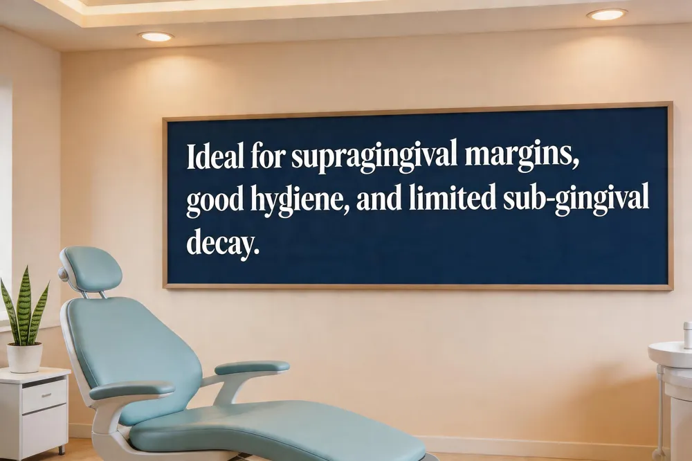 Ideal for supragingival margins, good hygiene, and limited sub‑gingival decay.