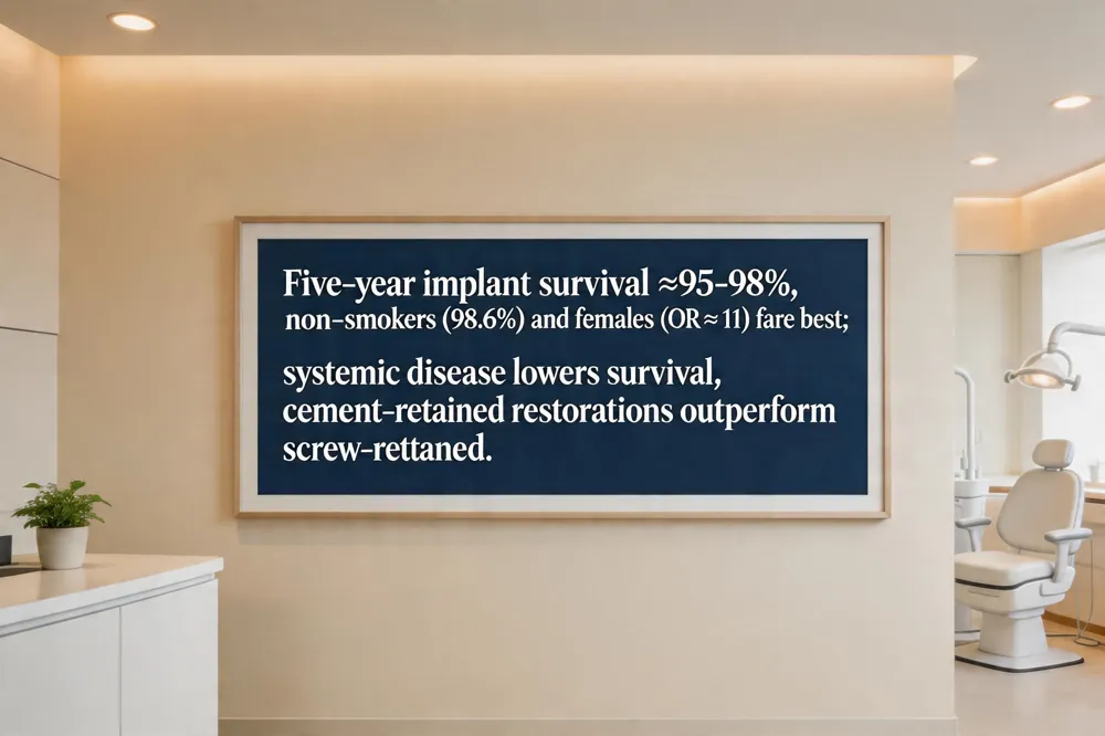 Five‑year implant survival ≈95‑98 %; non‑smokers (98.6 %) and females (OR ≈ 11) fare best; systemic disease lowers survival; cement‑retained restorations outperform screw‑retained.