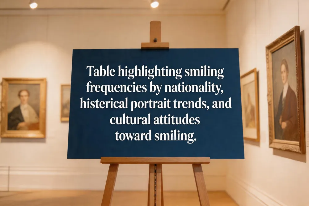 Table highlighting smiling frequencies by nationality, historical portrait trends, and cultural attitudes toward smiling.