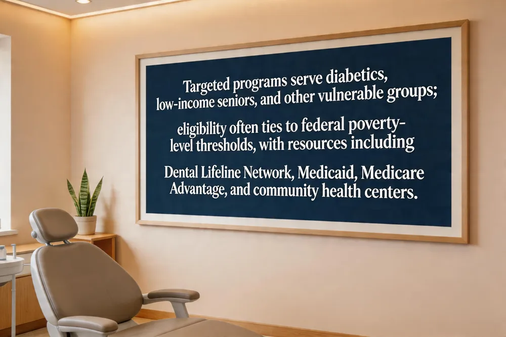 Targeted programs serve diabetics, low‑income seniors, and other vulnerable groups; eligibility often ties to federal poverty‑level thresholds, with resources including Dental Lifeline Network, Medicaid, Medicare Advantage, and community health centers.