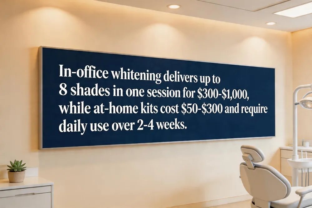 In‑office whitening delivers up to 8 shades in one session for $300‑$1,000, while at‑home kits cost $50‑$300 and require daily use over 2‑4 weeks.