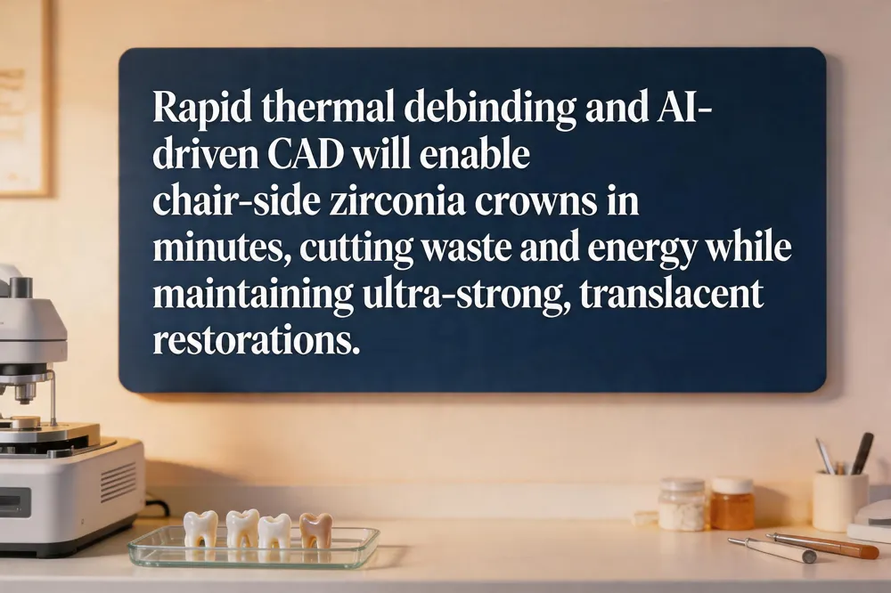 Rapid thermal debinding and AI‑driven CAD will enable chair‑side zirconia crowns in minutes, cutting waste and energy while maintaining ultra‑strong, translucent restorations.