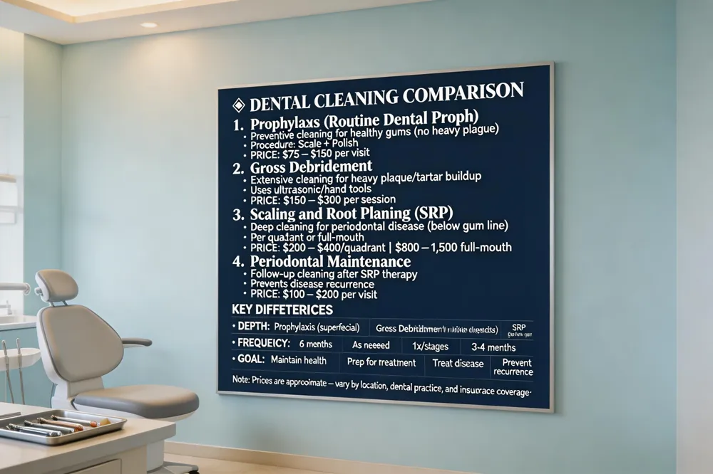 Compare the four cleaning categories—prophylaxis, gross debridement, scaling and root planing, and periodontal maintenance—and their typical price ranges.