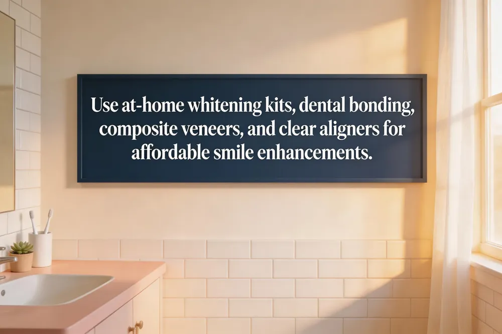 Use at‑home whitening kits, dental bonding, composite veneers, and clear aligners for affordable smile enhancements.