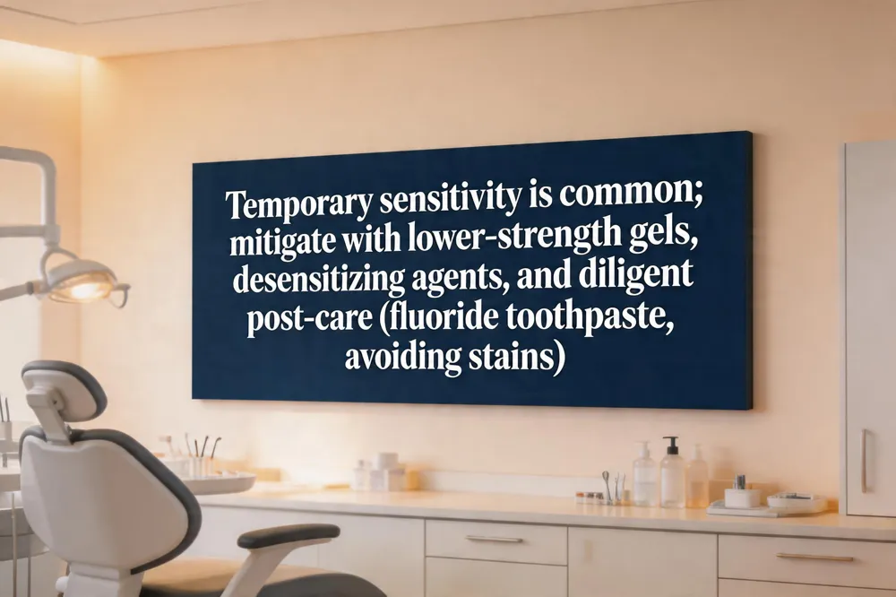Temporary sensitivity is common; mitigate with lower‑strength gels, desensitizing agents, and diligent post‑care (fluoride toothpaste, avoiding stains).