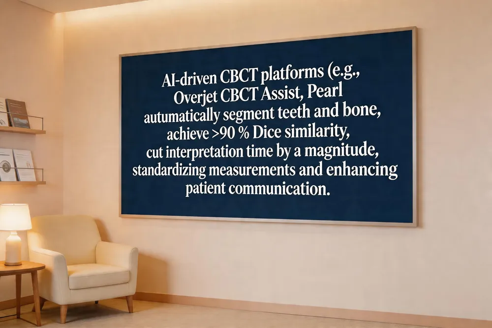 AI‑driven CBCT platforms (e.g., Overjet CBCT Assist, Pearl) automatically segment teeth and bone, achieve >90 % Dice similarity, and cut interpretation time by of magnitude, standardizing measurements and enhancing patient communication.