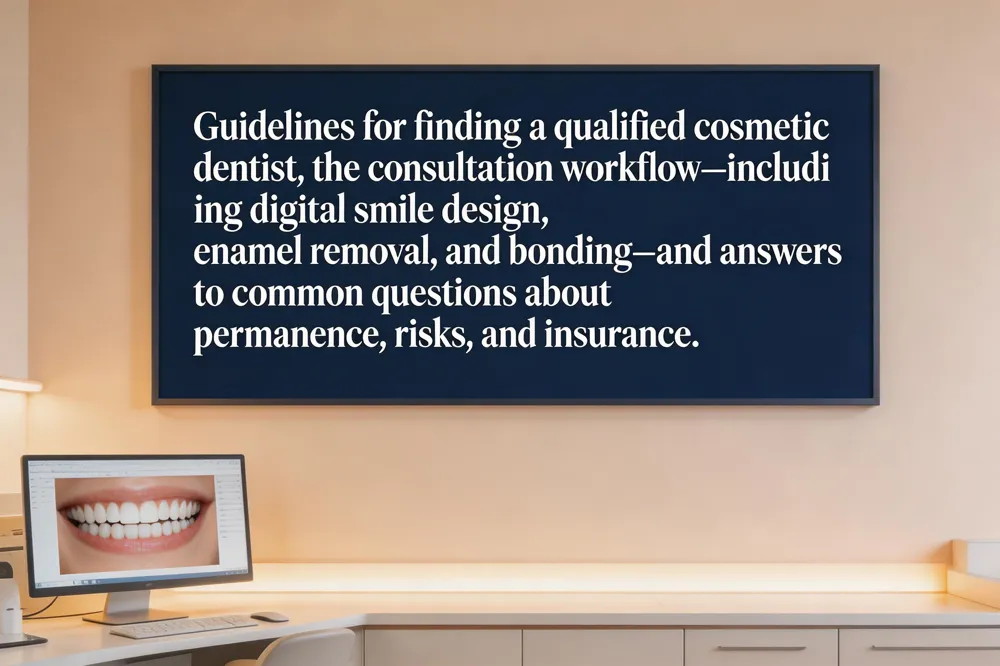 Guidelines for finding a qualified cosmetic dentist, the consultation workflow—including digital smile design, enamel removal, and bonding—and answers to common questions about permanence, risks, and insurance.