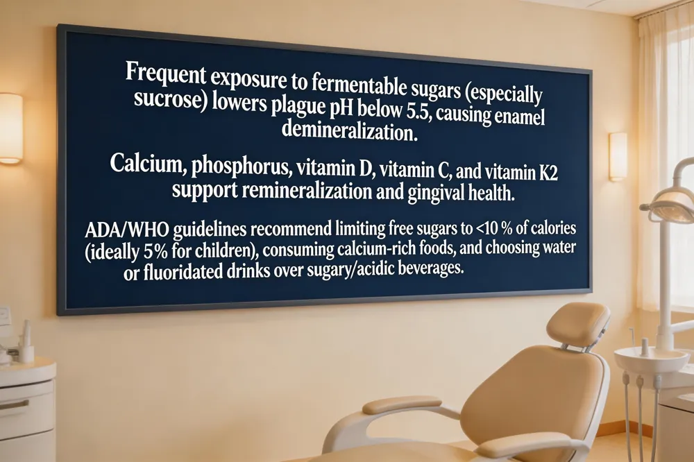 Frequent exposure to fermentable sugars (especially sucrose) lowers plaque pH below 5.5, causing enamel demineralization. Calcium, phosphorus, vitamin D, vitamin C, and vitamin K2 support remineralization and gingival health. ADA/WHO guidelines recommend limiting free sugars to <10 % of calories (ideally 5 % for children), consuming calcium‑rich foods, and choosing water or fluoridated drinks over sugary/acidic beverages.