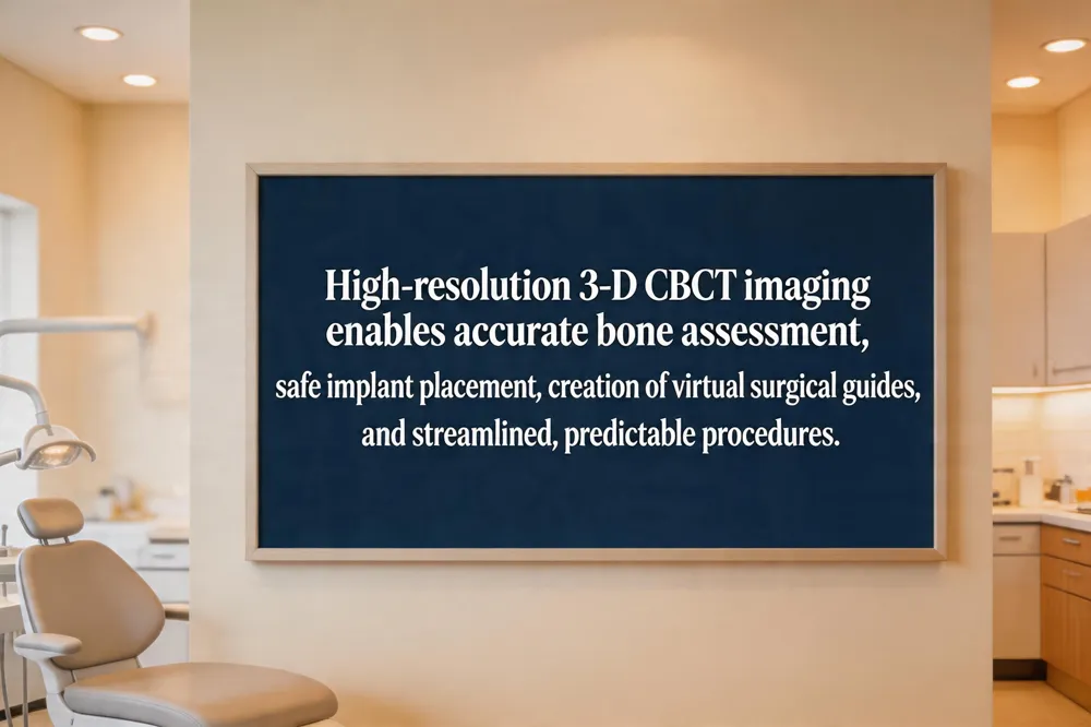High‑resolution 3‑D CBCT imaging enables accurate bone assessment, safe implant placement, creation of virtual surgical guides, and streamlined, predictable procedures.