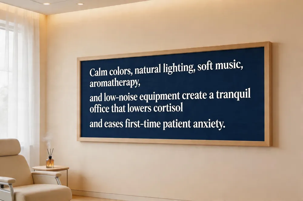 Calm colors, natural lighting, soft music, aromatherapy, and low‑noise equipment create a tranquil office that lowers cortisol and eases first‑time patient anxiety.