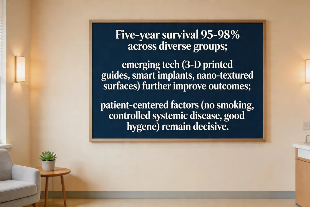 Five‑year survival 95‑98 % across diverse groups; emerging tech (3‑D printed guides, smart implants, nano‑textured surfaces) further improve outcomes; patient‑centered factors (no smoking, controlled systemic disease, good hygiene) remain decisive.