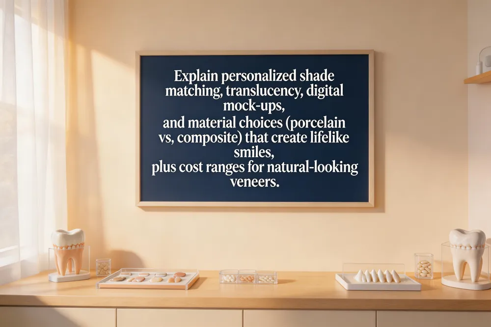 Explain personalized shade matching, translucency, digital mock‑ups, and material choices (porcelain vs. composite) that create lifelike smiles, plus cost ranges for natural‑looking veneers.