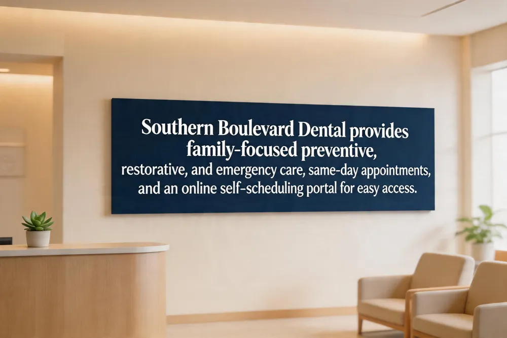 Southern Boulevard Dental provides family‑focused preventive, restorative, and emergency care, same‑day appointments, and an online self‑scheduling portal for easy access.