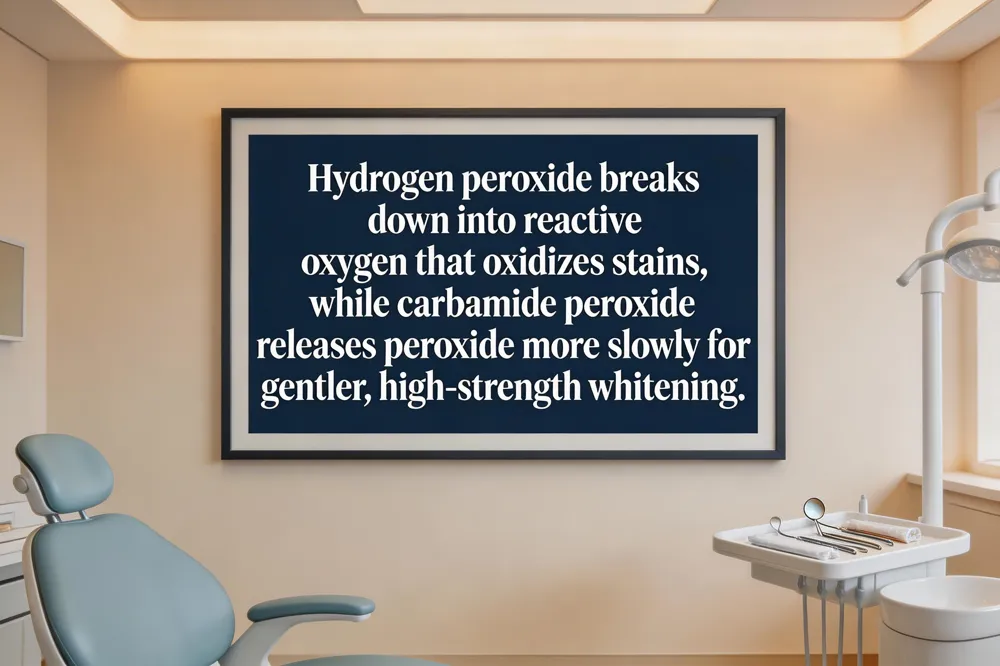 Hydrogen peroxide breaks down into reactive oxygen that oxidizes stains, while carbamide peroxide releases peroxide more slowly for gentler, high‑strength whitening.