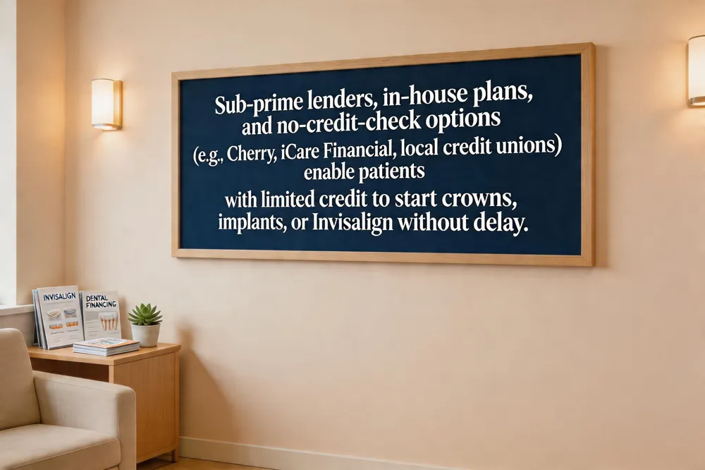 Sub‑prime lenders, in‑house plans, and no‑credit‑check options (e.g., Cherry, iCare Financial, local credit unions) enable patients with limited credit to start crowns, implants, or Invisalign without delay.