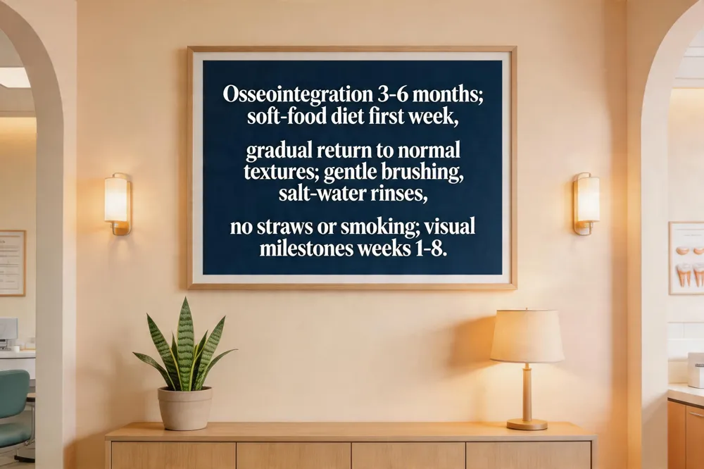Osseointegration 3‑6 months; soft‑food diet first week, gradual return to normal textures; gentle brushing, salt‑water rinses, no straws or smoking; visual milestones weeks 1‑8.