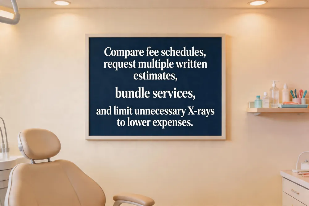Compare fee schedules, request multiple written estimates, bundle services, and limit unnecessary X‑rays to lower expenses.