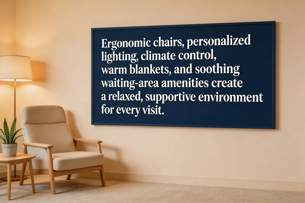 Ergonomic chairs, personalized lighting, climate control, warm blankets, and soothing waiting‑area amenities create a relaxed, supportive environment for every visit.