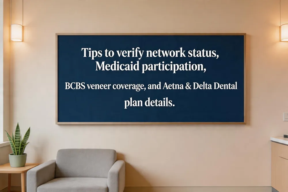 Tips to verify network status, Medicaid participation, BCBS veneer coverage, and Aetna & Delta Dental plan details.