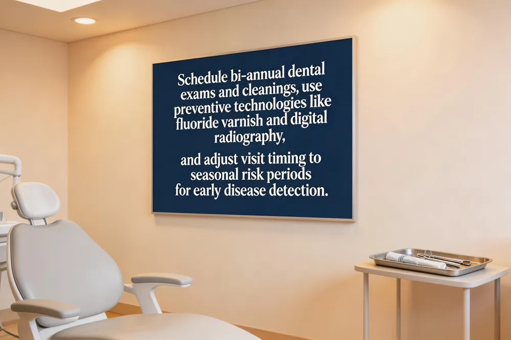 Schedule bi‑annual dental exams and cleanings, use preventive technologies like fluoride varnish and digital radiography, and adjust visit timing to seasonal risk periods for early disease detection.