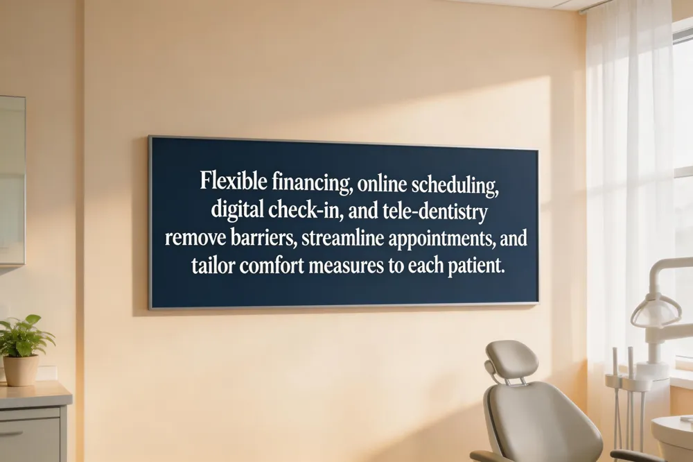 Flexible financing, online scheduling, digital check‑in, and tele‑dentistry remove barriers, streamline appointments, and tailor comfort measures to each patient.