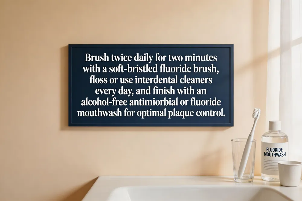 Brush twice daily for two minutes with a soft‑bristled fluoride brush, floss or use interdental cleaners every day, and finish with an alcohol‑free antimicrobial or fluoride mouthwash for optimal plaque control.