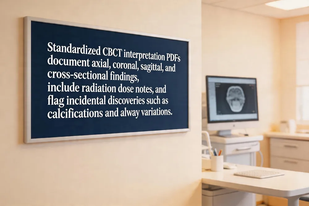 Standardized CBCT interpretation PDFs document axial, coronal, sagittal, and cross‑sectional findings, include radiation dose notes, and flag incidental discoveries such as calcifications and airway variations.