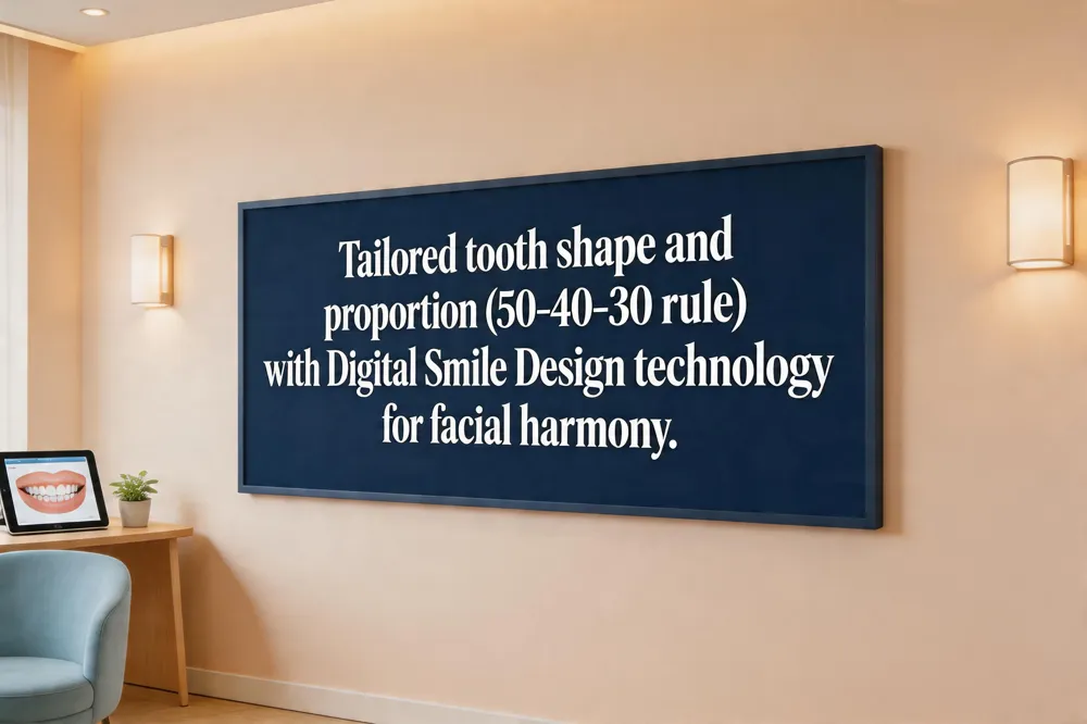 Tailored tooth shape and proportion (50‑40‑30 rule) with Digital Smile Design technology for facial harmony.