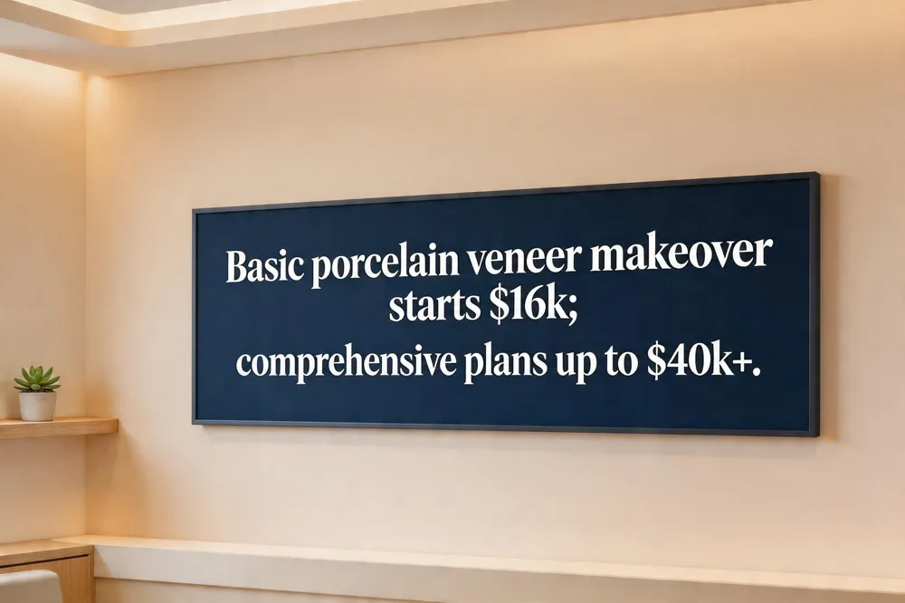 Basic porcelain veneer makeover starts $16k; comprehensive plans up to $40k+.