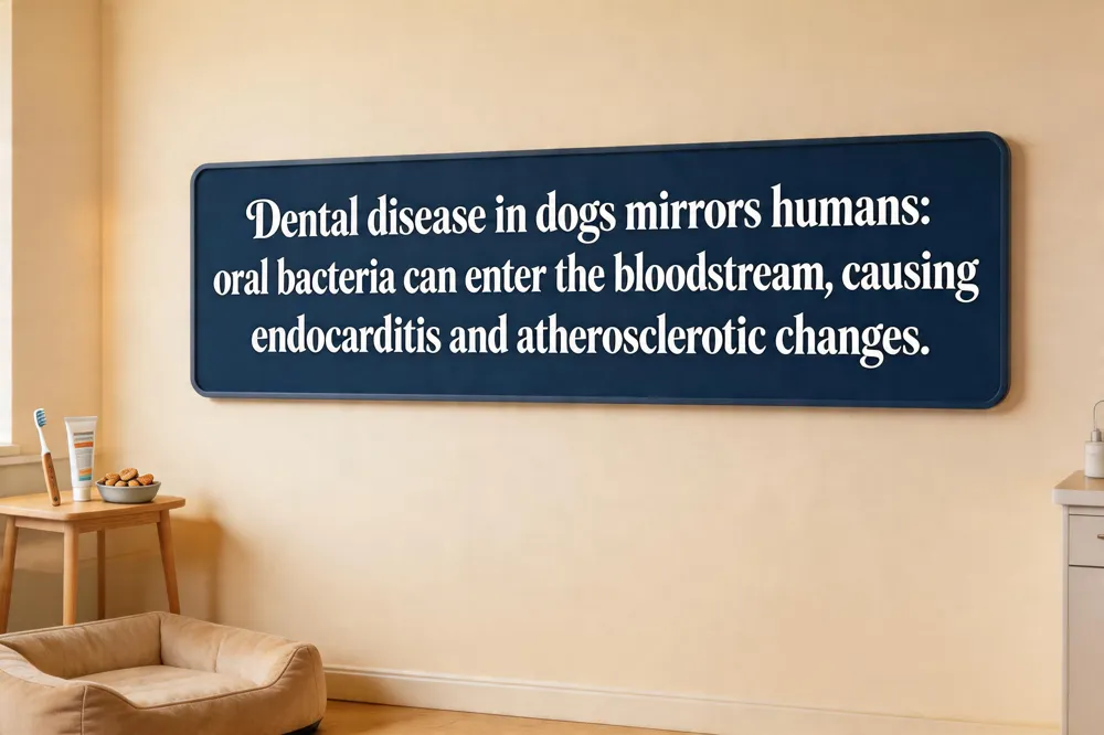 Dental disease in dogs mirrors humans: oral bacteria can enter the bloodstream, causing endocarditis and atherosclerotic changes.