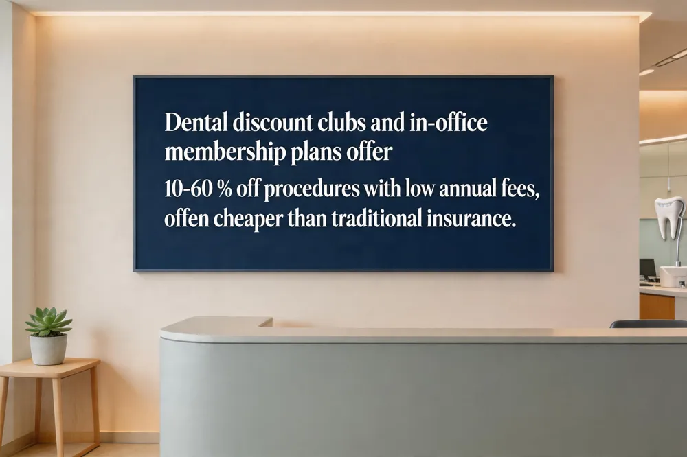 Dental discount clubs and in‑office membership plans offer 10‑60 % off procedures with low annual fees, often cheaper than traditional insurance.