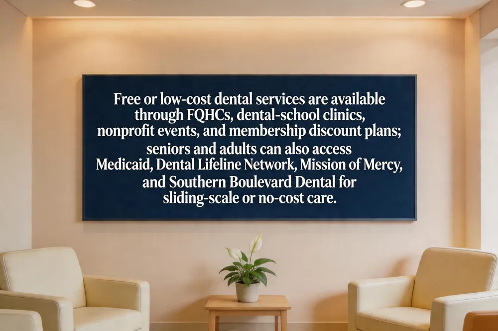 Free or low‑cost dental services are available through FQHCs, dental‑school clinics, nonprofit events, and membership discount plans; seniors and adults can also access Medicaid, Dental Lifeline Network, Mission of Mercy, and Southern Boulevard Dental for sliding‑scale or no‑cost care.
