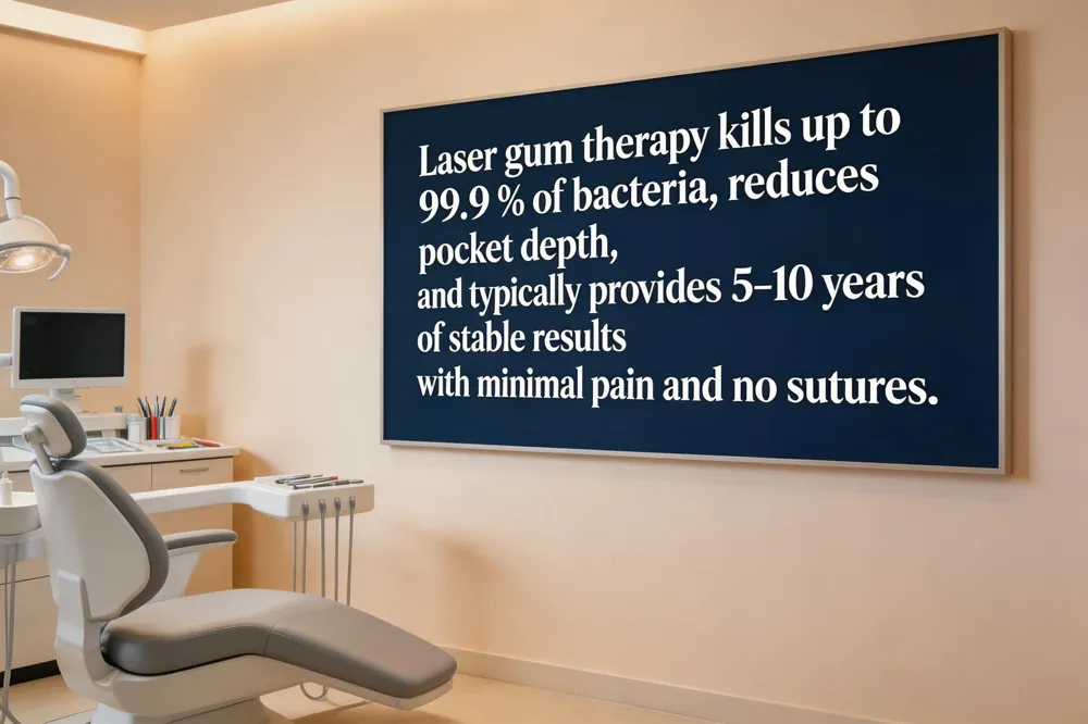 Laser gum therapy kills up to 99.9 % of bacteria, reduces pocket depth, and typically provides 5‑10 years of stable results with minimal pain and no sutures.