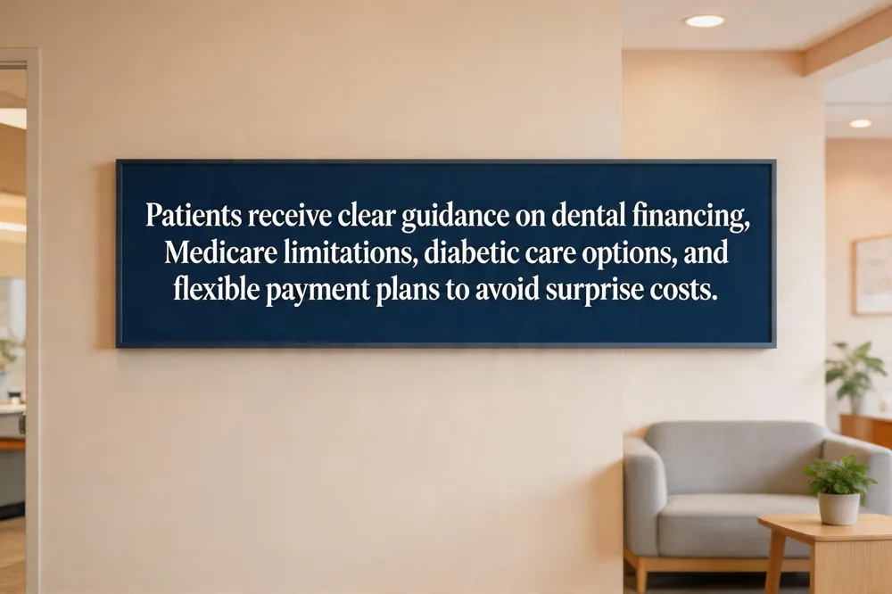 Patients receive clear guidance on dental financing, Medicare limitations, diabetic care options, and flexible payment plans to avoid surprise costs.