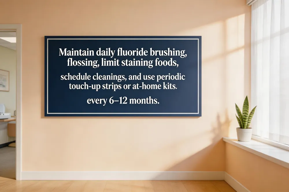 Maintain daily fluoride brushing, flossing, limit staining foods, schedule cleanings, and use periodic touch‑up strips or at‑home kits every 6‑12 months.