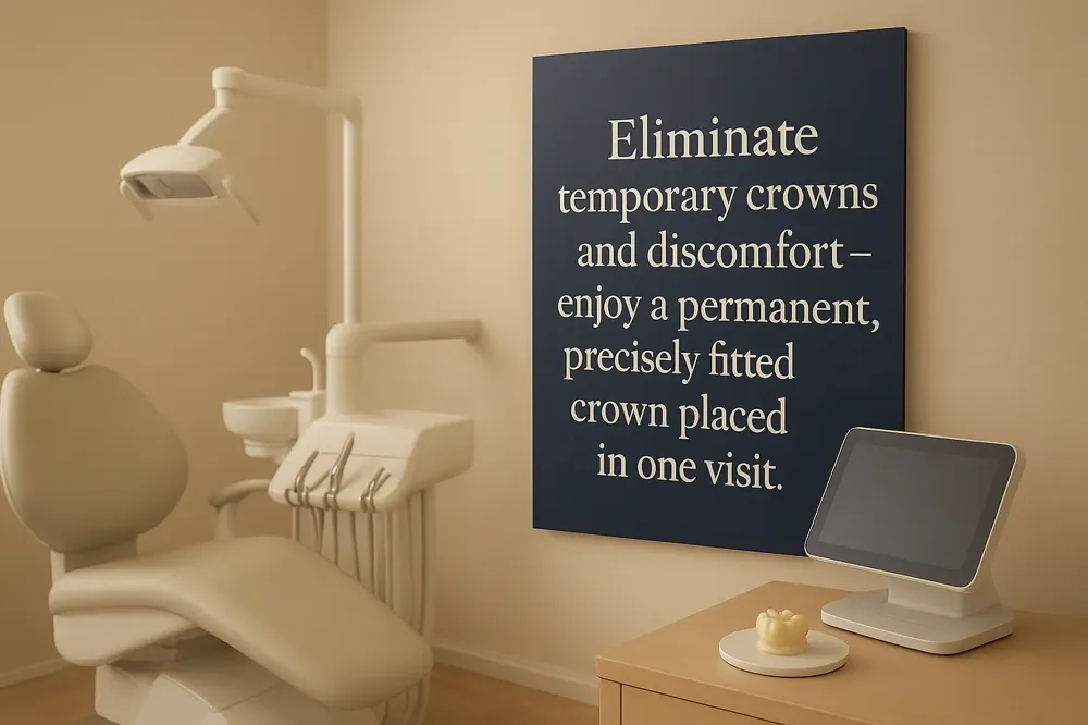 Eliminate temporary crowns and discomfort — enjoy a permanent, precisely fitted crown placed in one visit.