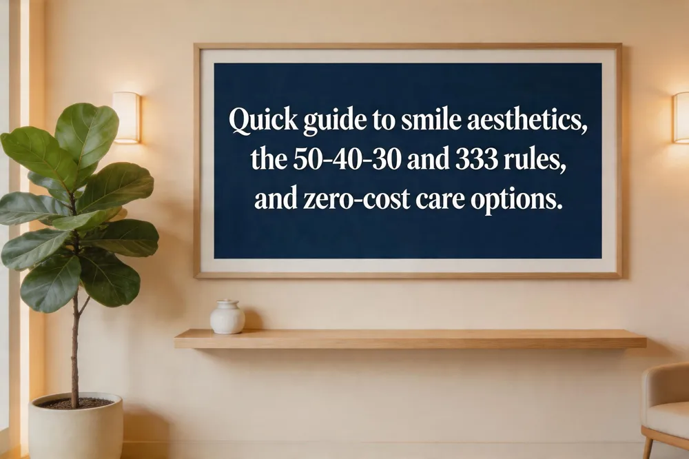 Quick guide to smile aesthetics, the 50‑40‑30 and 333 rules, and zero‑cost care options.